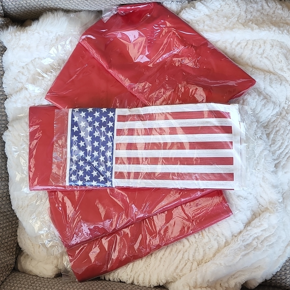 LOT OF 6 54 X 96 INCH PLASTIC TABLECLOTHS,  AMERICAN FLAG AND RED DESIGNS